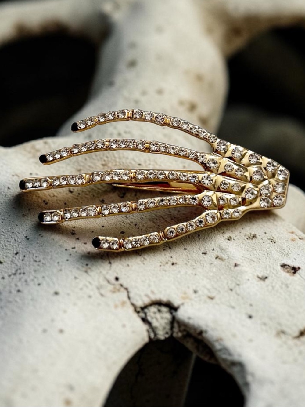 Skeleton Hand Hair Clip Gold Metal Rhinestone